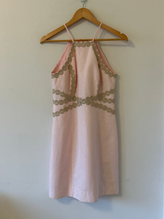 Lilly Pulitzer Pearl Paradise Pink Halter Shift Dress Gold Lace Detail | Size 2