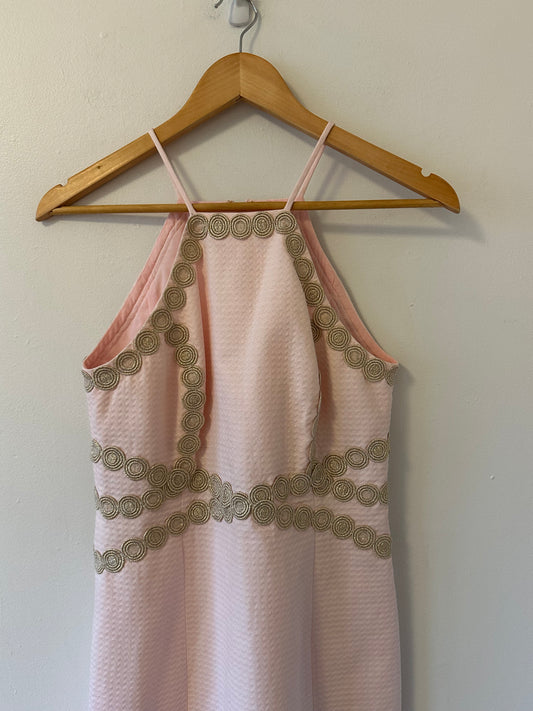 Lilly Pulitzer Pearl Paradise Pink Halter Shift Dress Gold Lace Detail | Size 2
