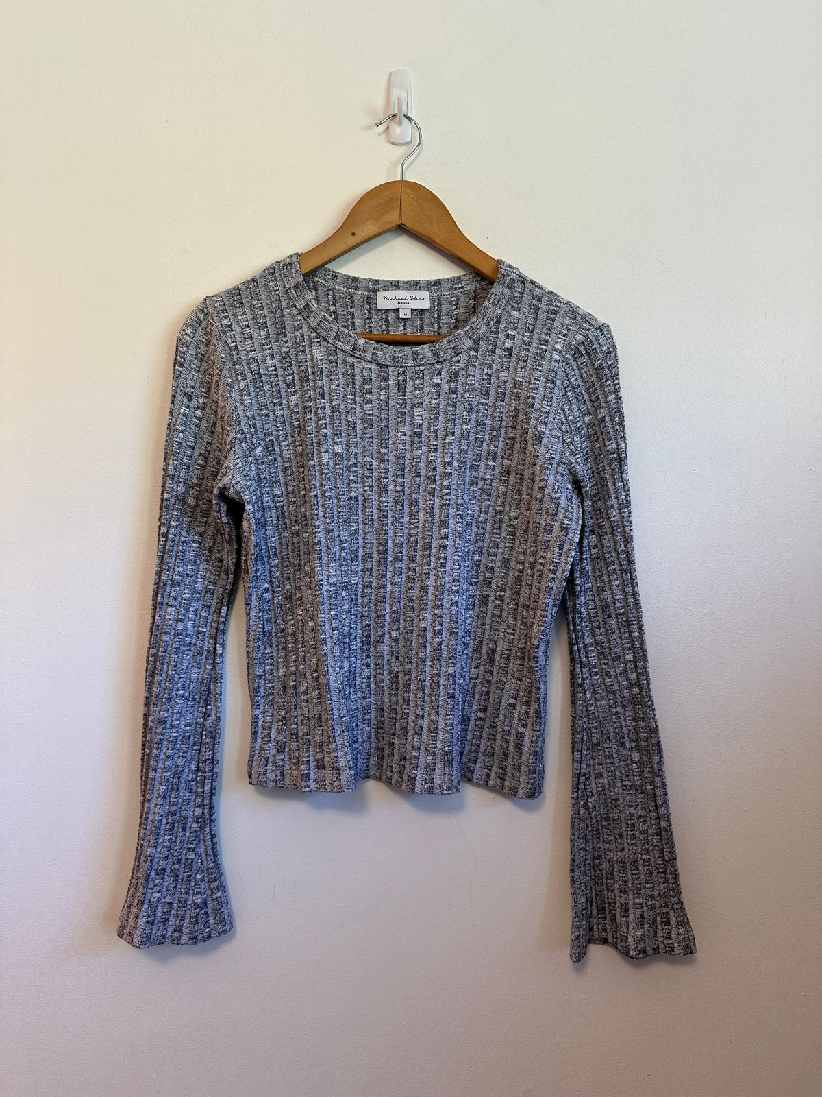 Michael Stars Grey Space Dye Ribbed Bell Sleeve Top | Size Medium