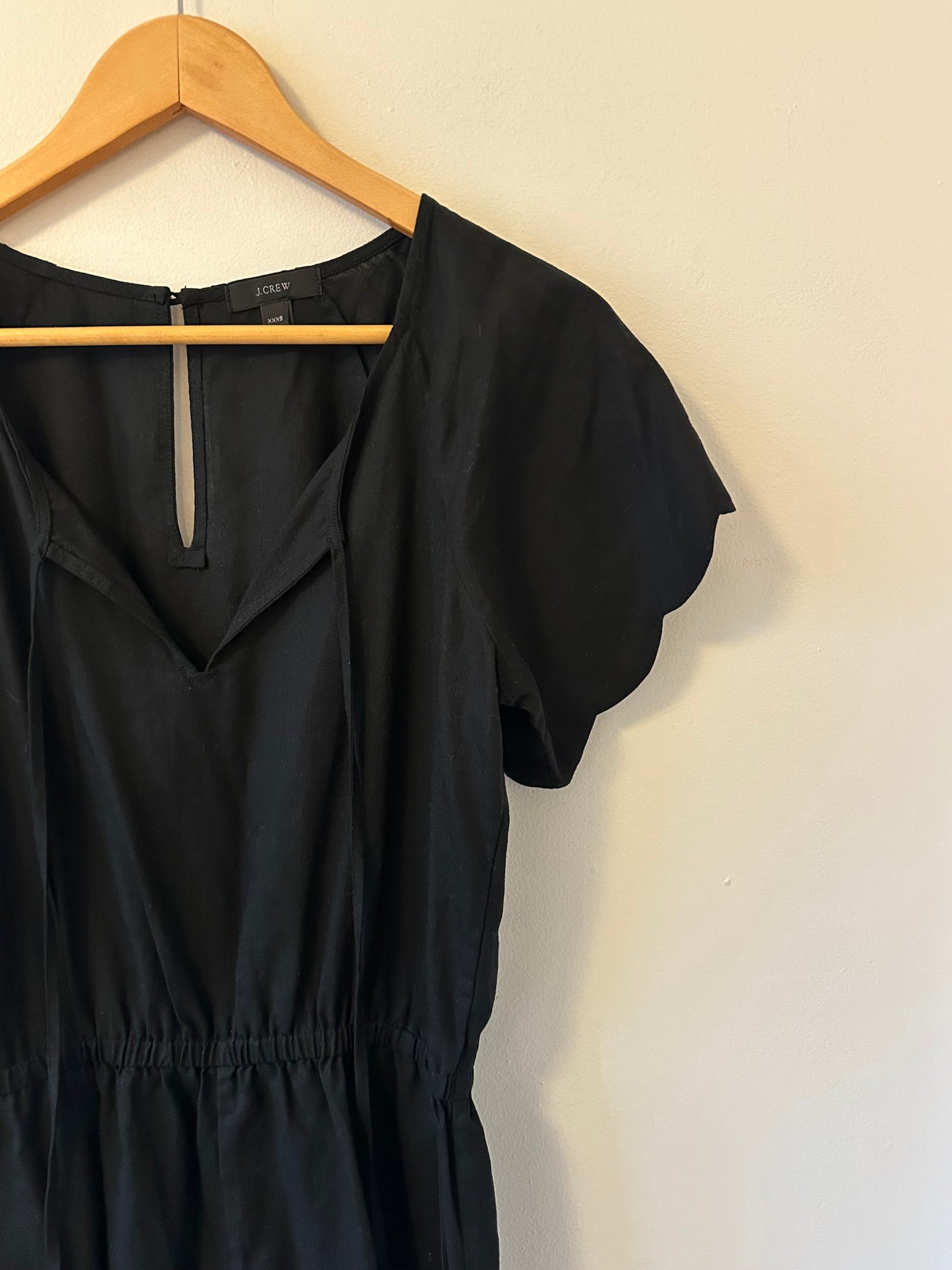 J. Crew Scalloped Black Romper with Drawstring Waist | Size XXXS