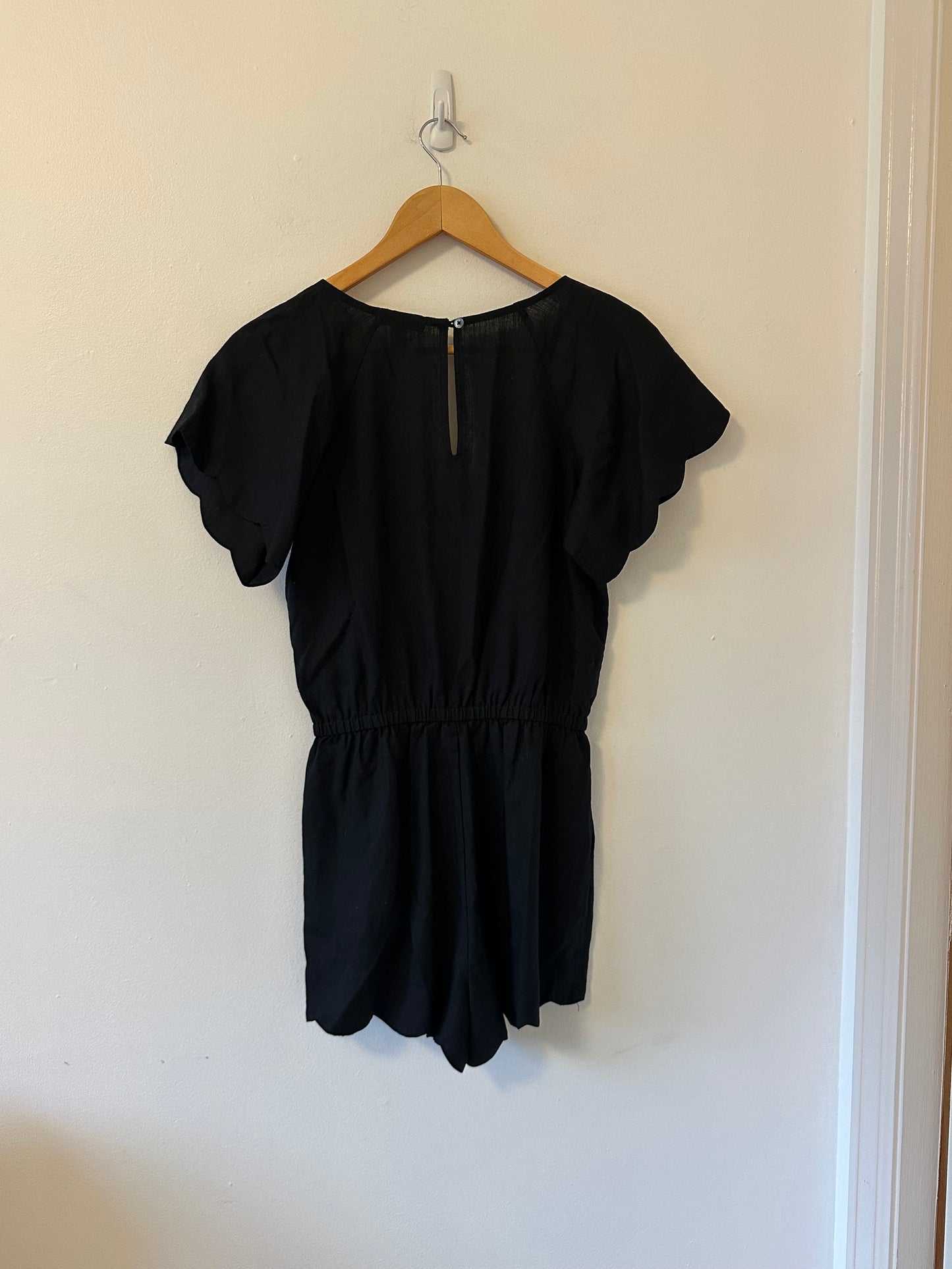J. Crew Scalloped Black Romper with Drawstring Waist | Size XXXS