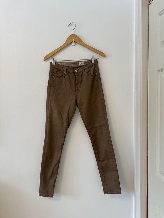 AG Farrah High Rise Skinny Coated Cotton Tan Jeans | Size 27
