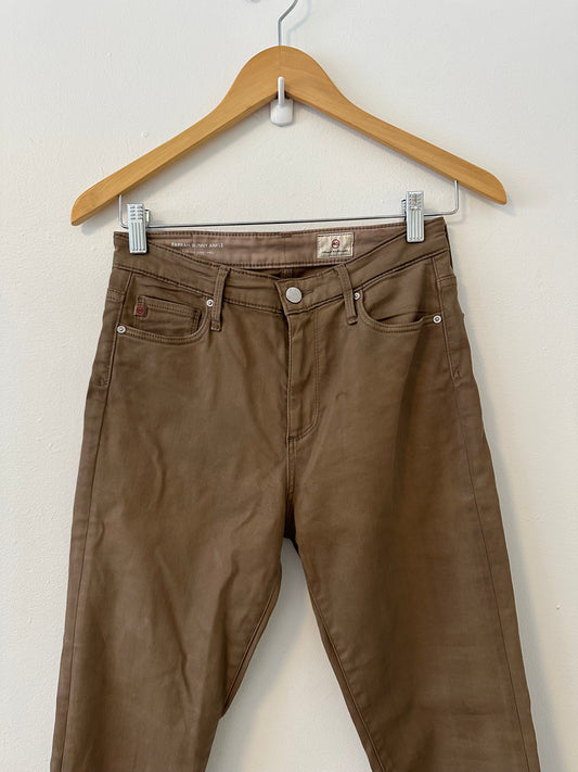 AG Farrah High Rise Skinny Coated Cotton Tan Jeans | Size 27