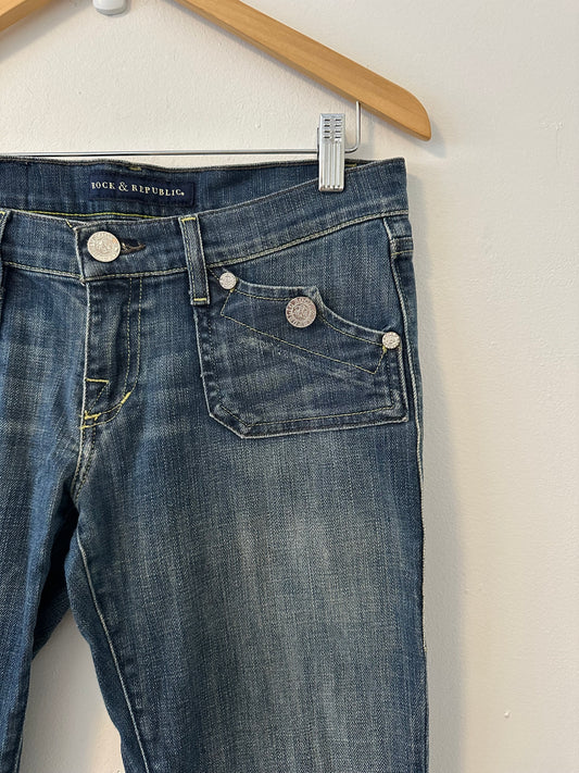 Rock & Republic Low Rise Y2K Patch Pocket Flare Jeans | Size 27