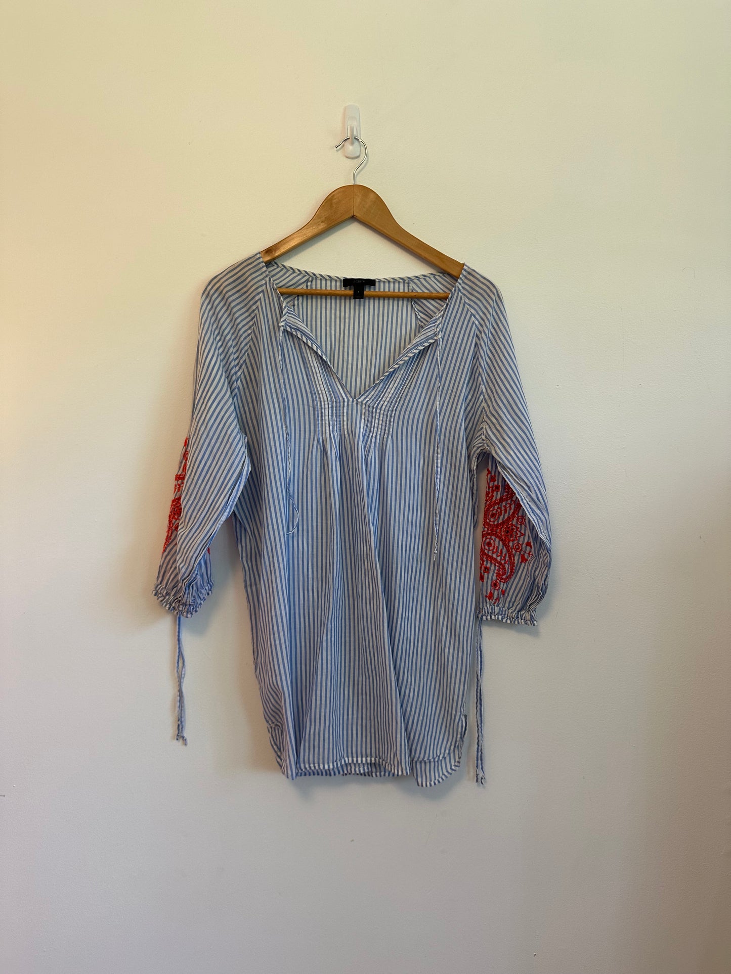 J. Crew Blue and White Striped Embroidered Sleeve Tunic | Size Small