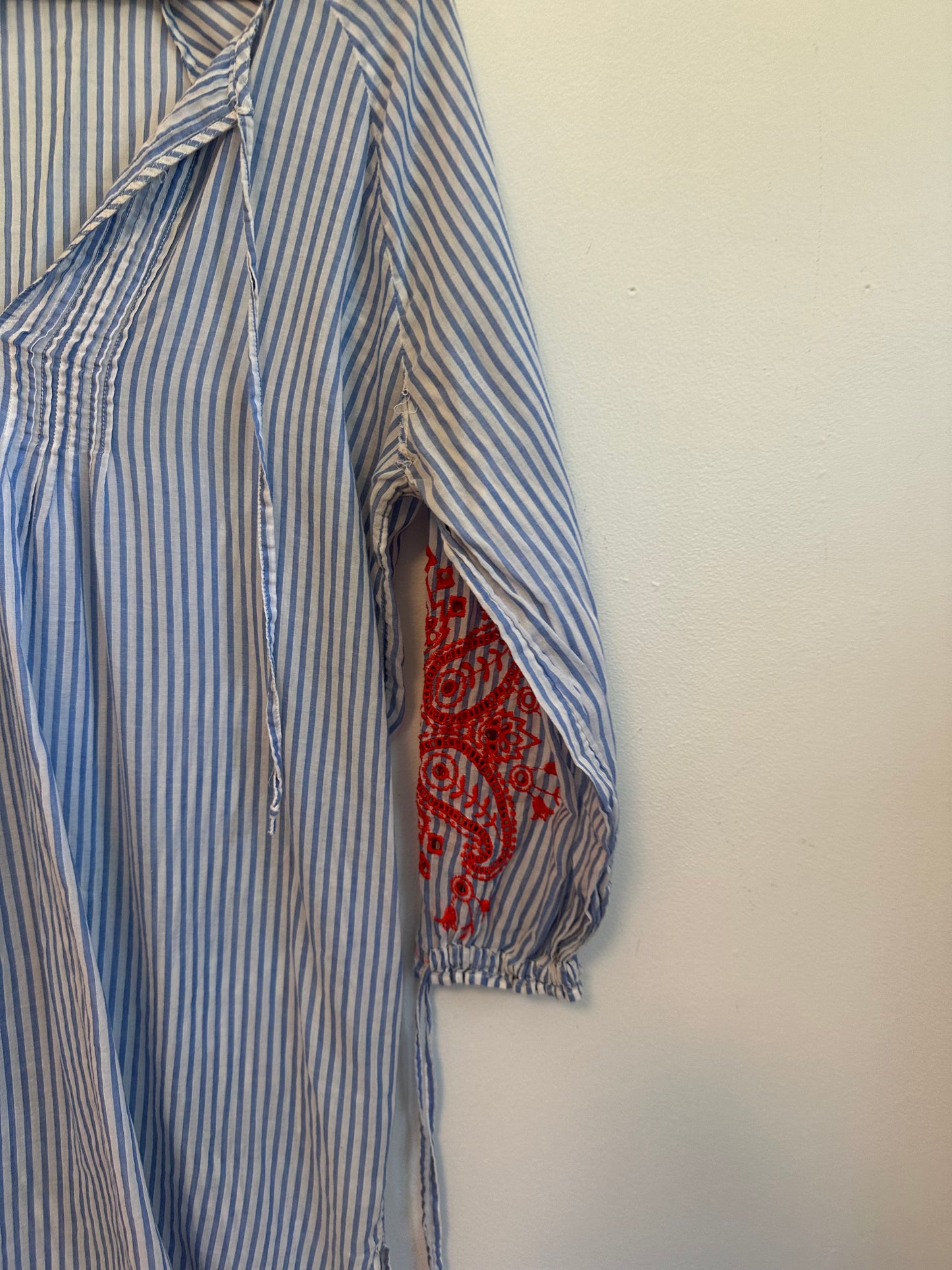 J. Crew Blue and White Striped Embroidered Sleeve Tunic | Size Small