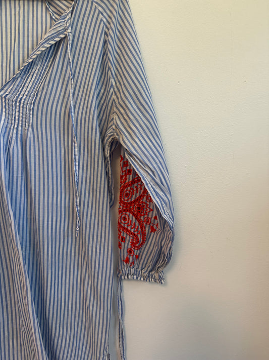 J. Crew Blue and White Striped Embroidered Sleeve Tunic | Size Small