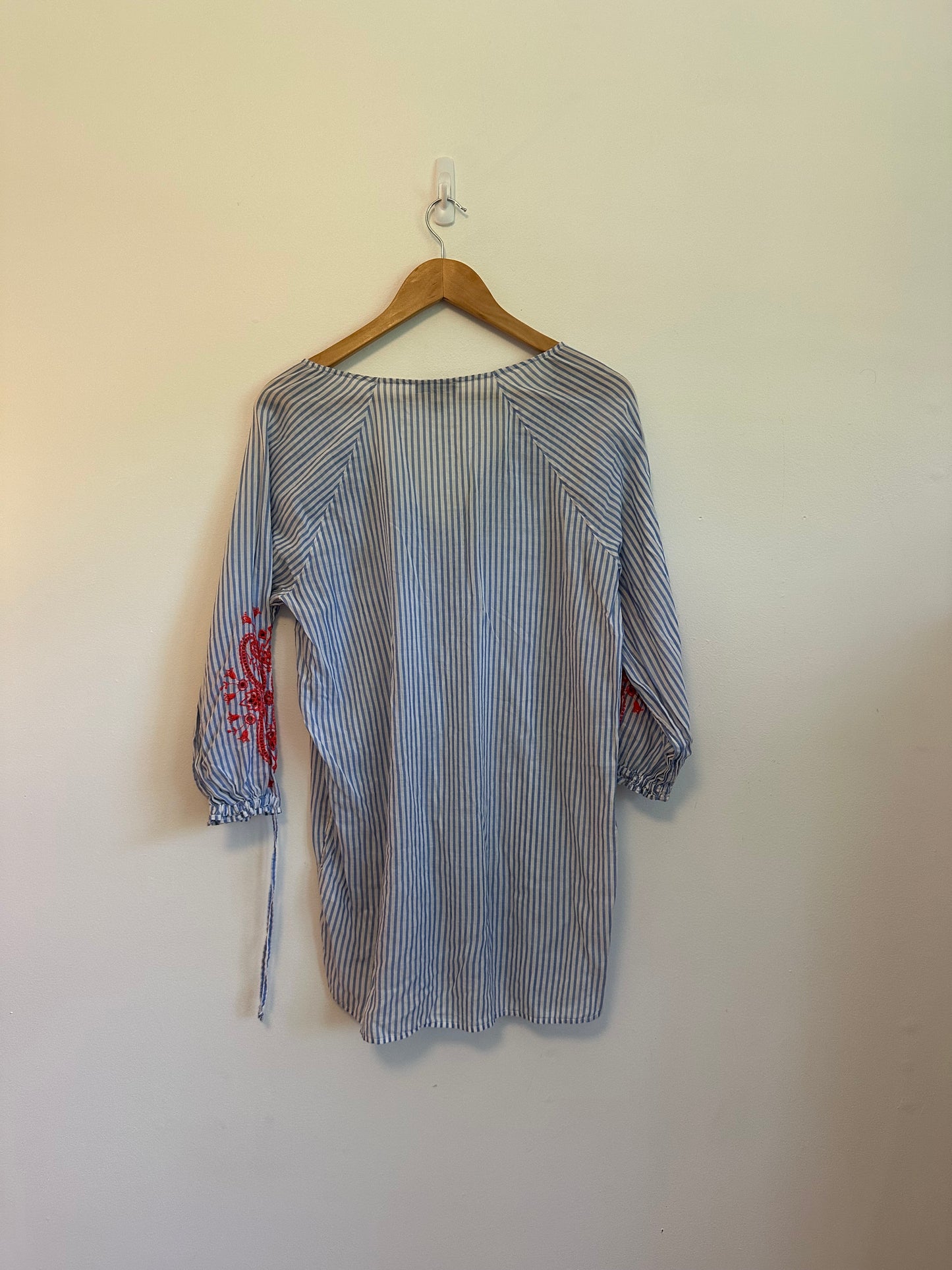 J. Crew Blue and White Striped Embroidered Sleeve Tunic | Size Small
