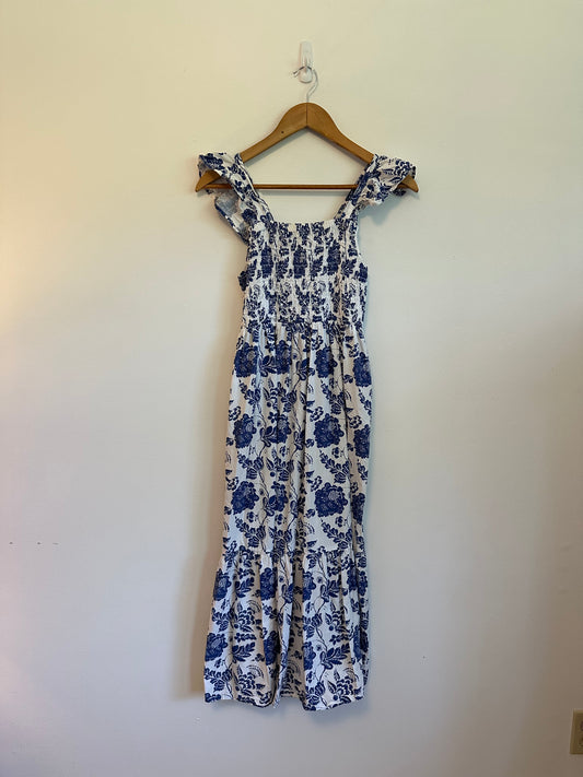 THML Blue and White Floral Toile Smocked Tiered Ruffle Midi Dress | Size XS