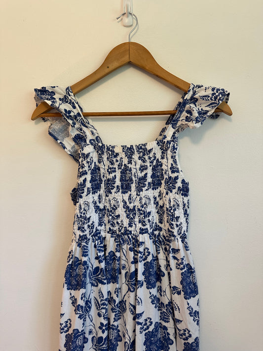 THML Blue and White Floral Toile Smocked Tiered Ruffle Midi Dress | Size XS