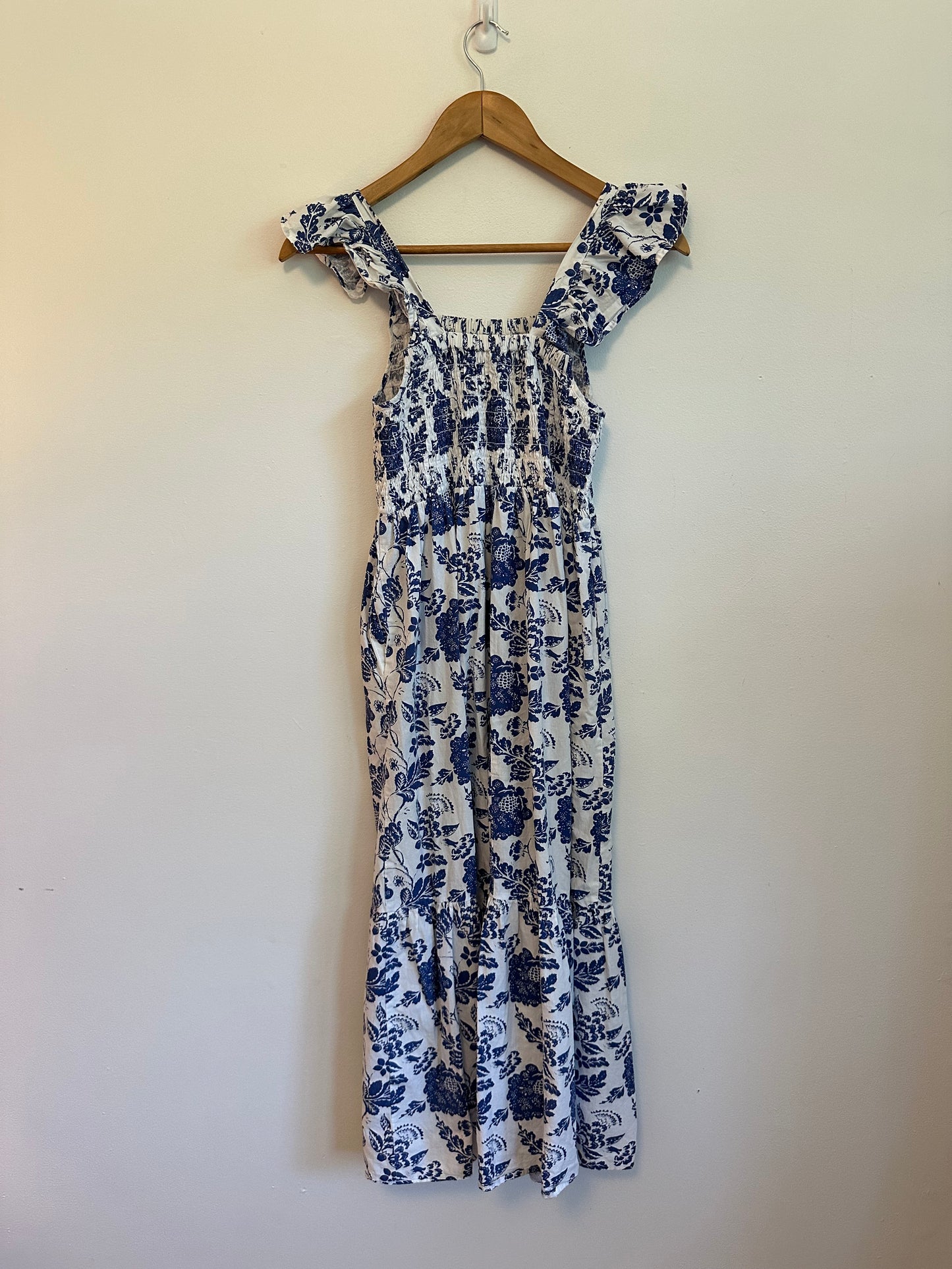 THML Blue and White Floral Toile Smocked Tiered Ruffle Midi Dress | Size XS