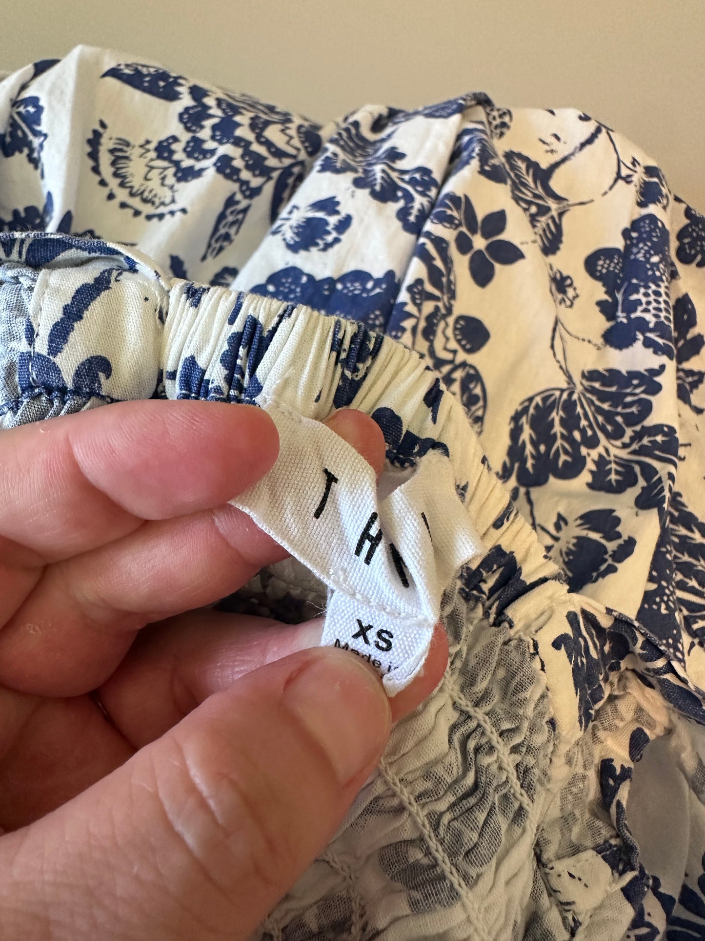 THML Blue and White Floral Toile Smocked Tiered Ruffle Midi Dress | Size XS