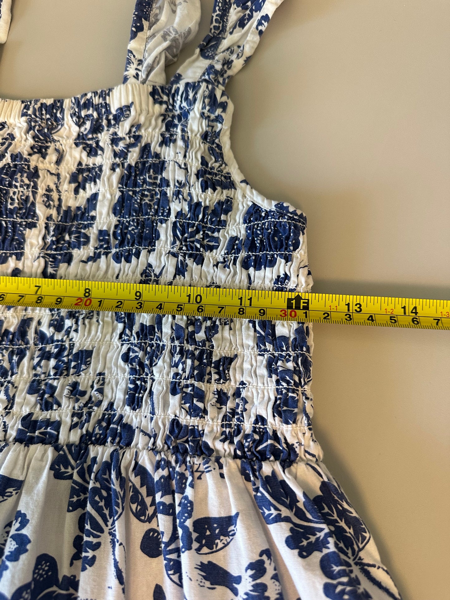 THML Blue and White Floral Toile Smocked Tiered Ruffle Midi Dress | Size XS