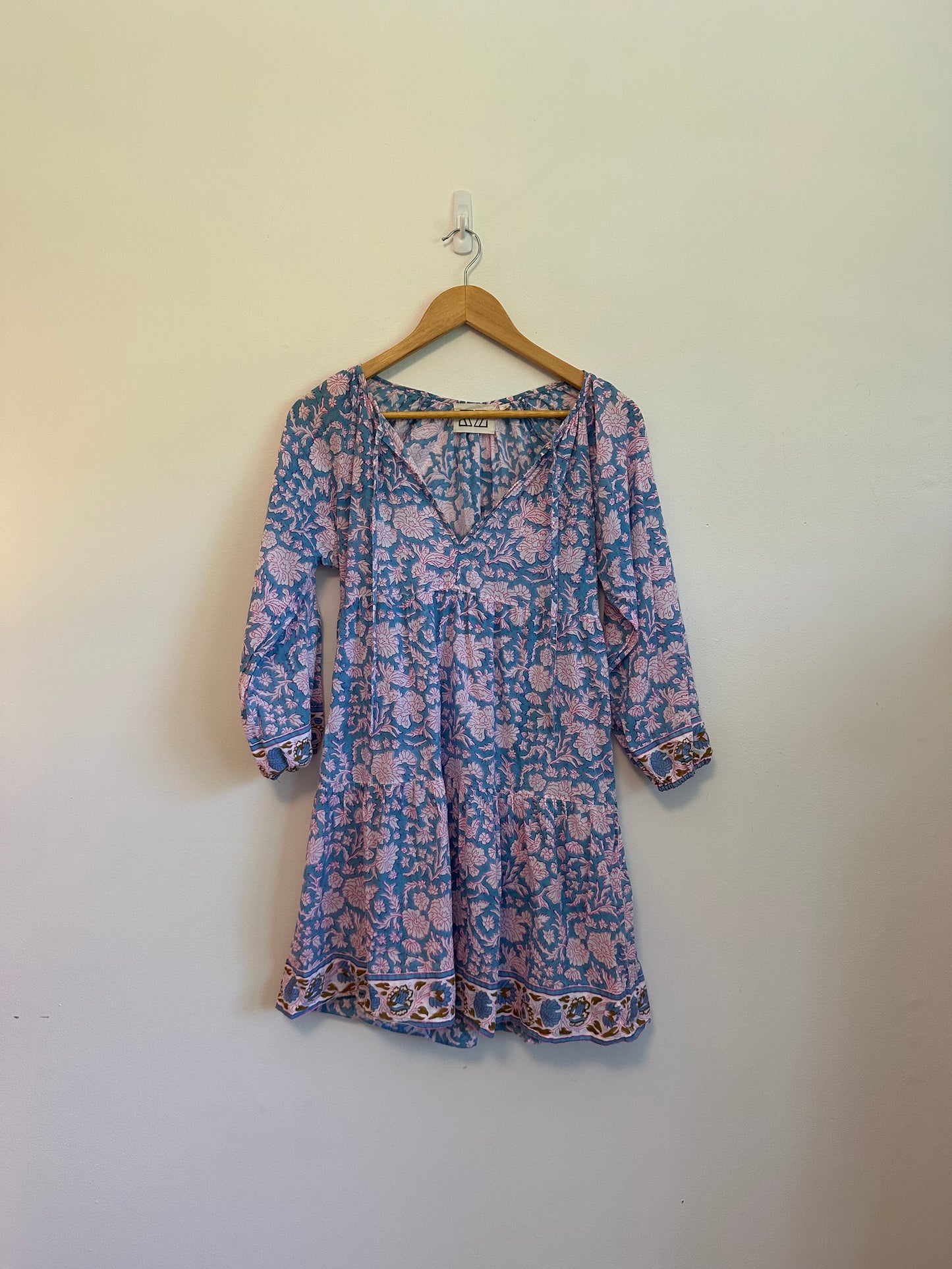 SZ Blockprints Nila Cotton Tunic Dress in Blue and Pink Floral Block Print | Size Small