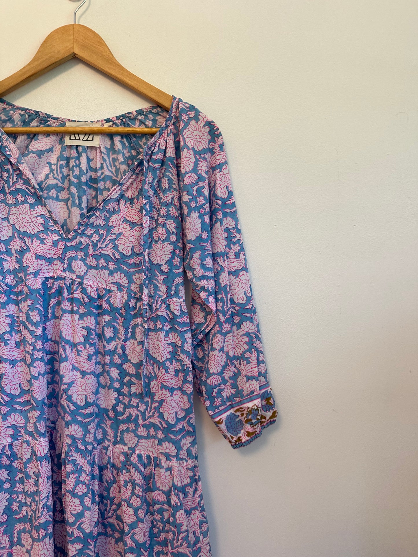 SZ Blockprints Nila Cotton Tunic Dress in Blue and Pink Floral Block Print | Size Small