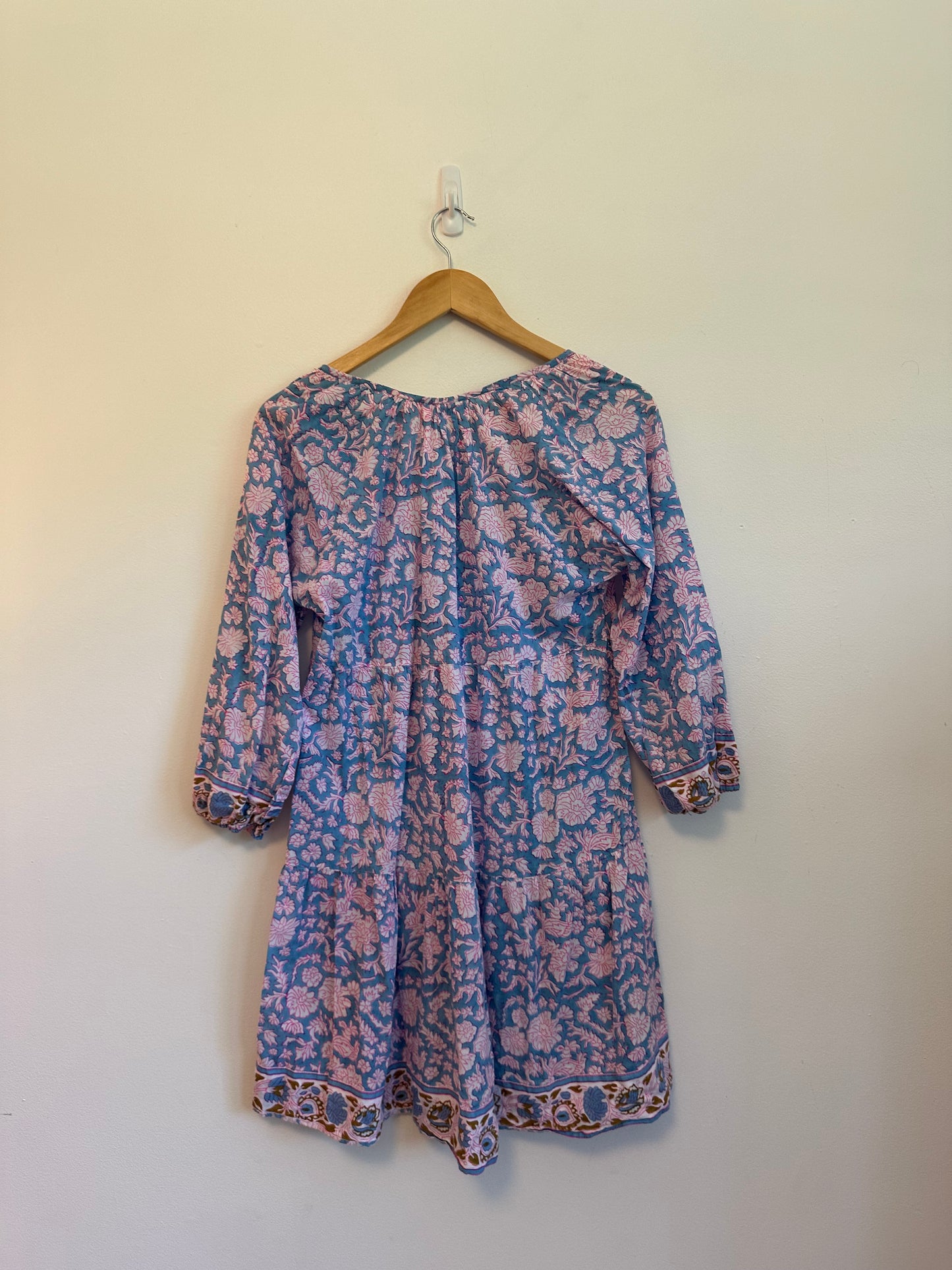 SZ Blockprints Nila Cotton Tunic Dress in Blue and Pink Floral Block Print | Size Small
