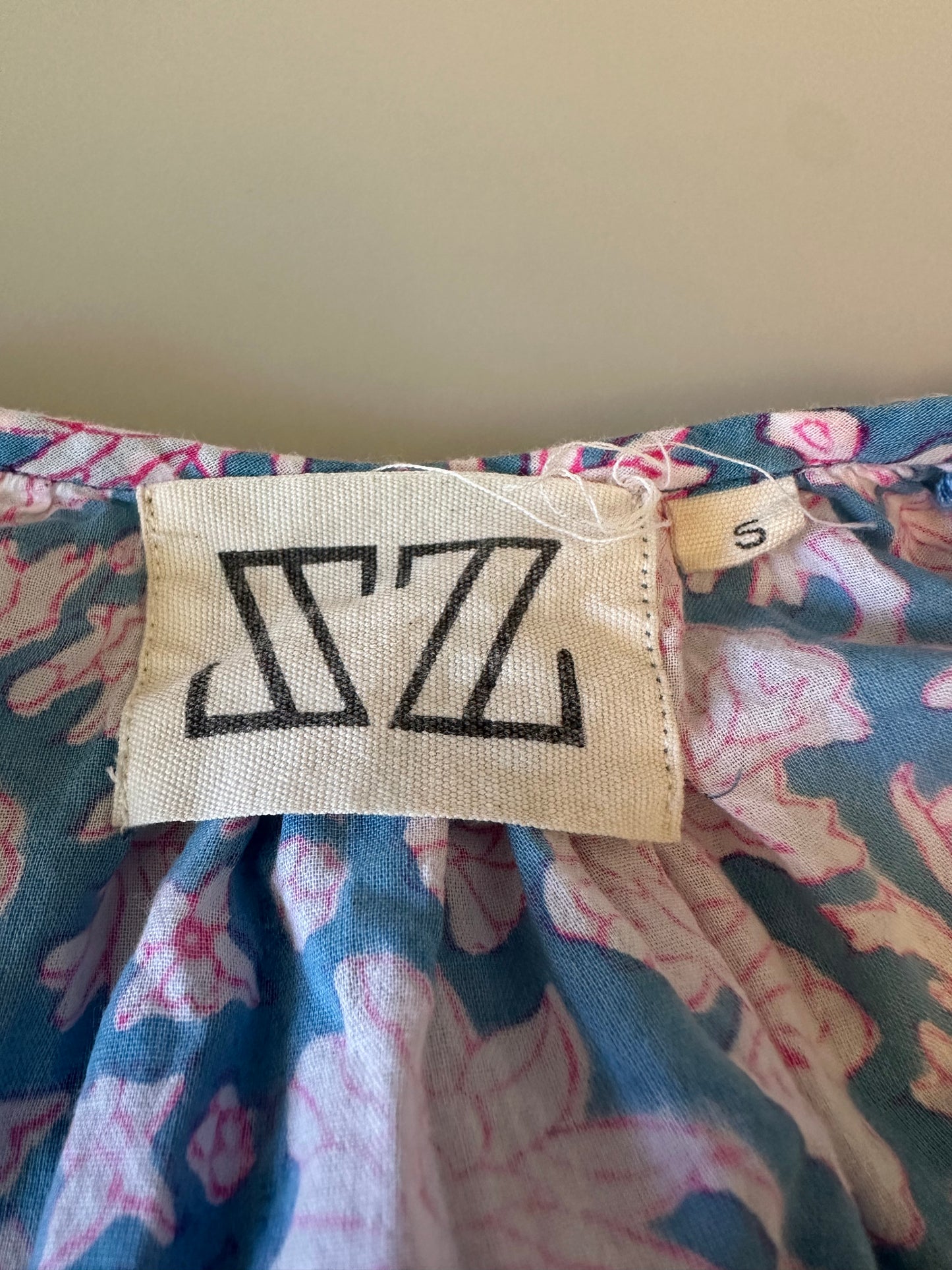 SZ Blockprints Nila Cotton Tunic Dress in Blue and Pink Floral Block Print | Size Small