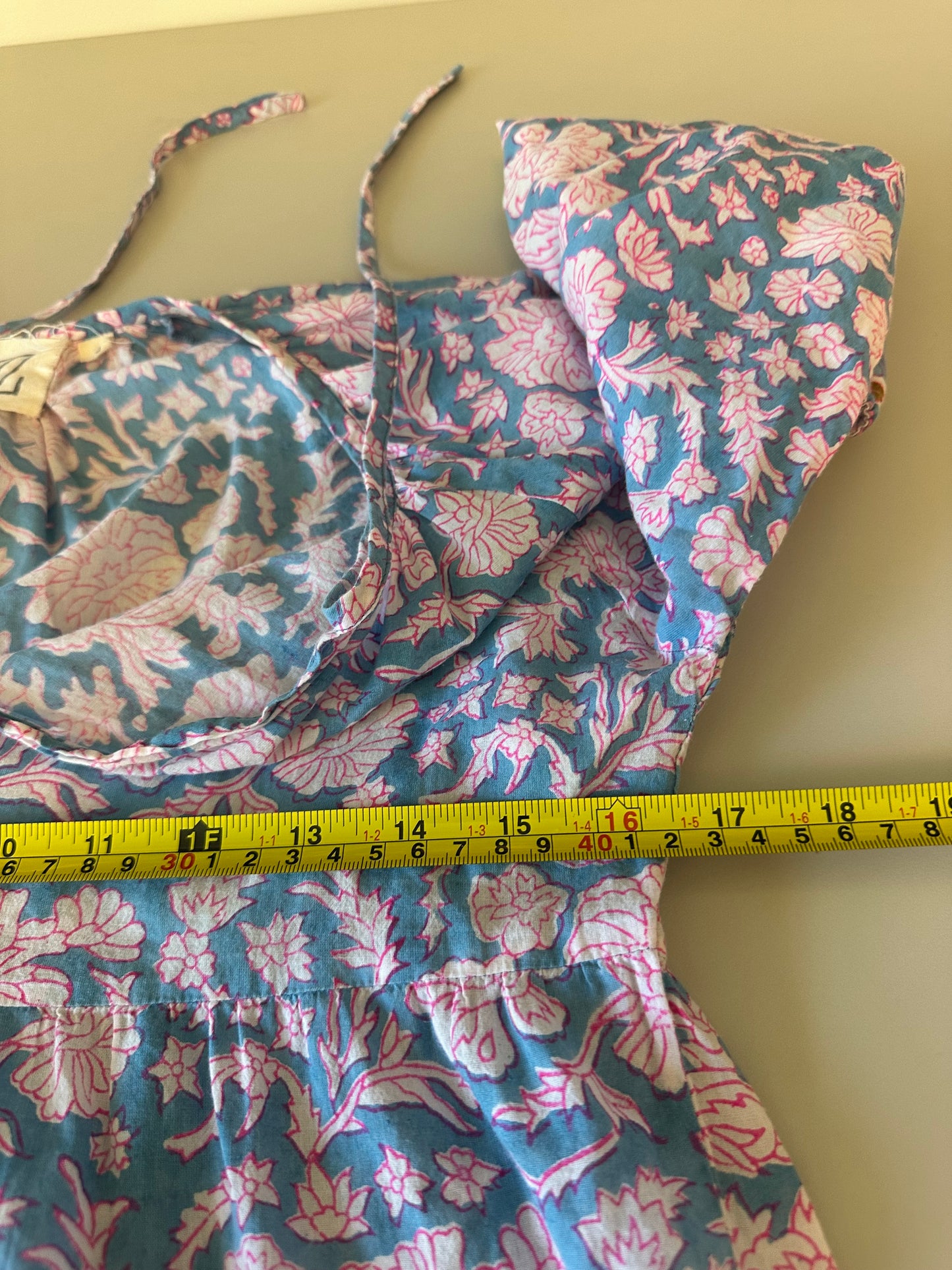 SZ Blockprints Nila Cotton Tunic Dress in Blue and Pink Floral Block Print | Size Small