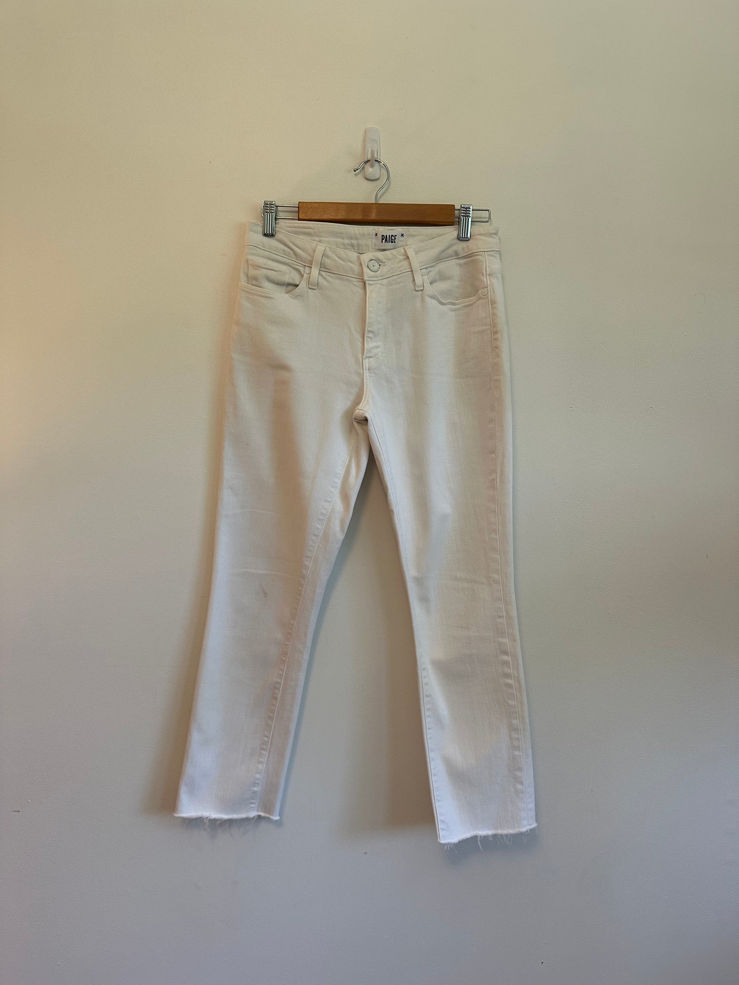 PAIGE Brigitte Slim Boyfriend White Raw Hem Jeans | Size 29