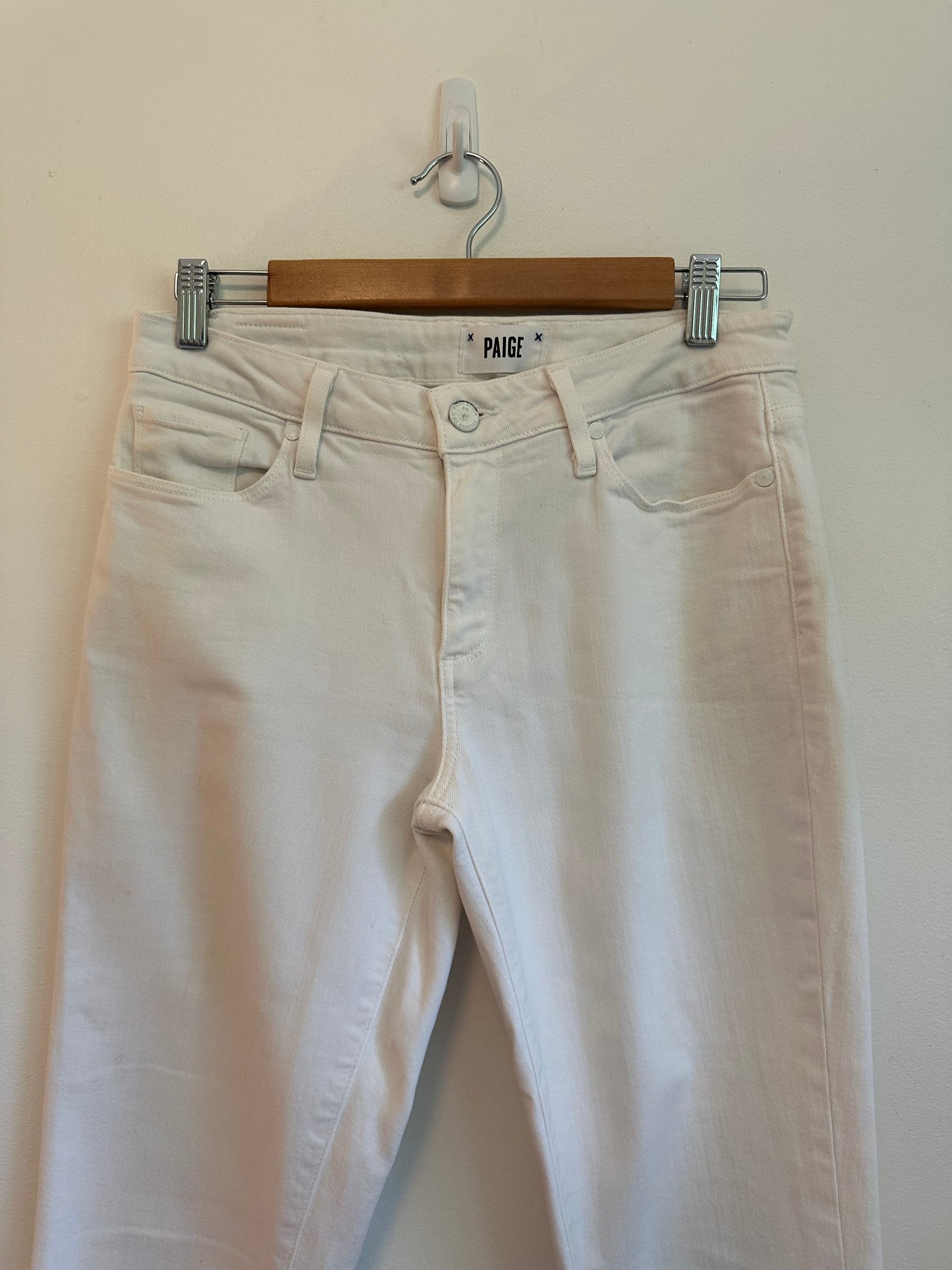 PAIGE Brigitte Slim Boyfriend White Raw Hem Jeans | Size 29