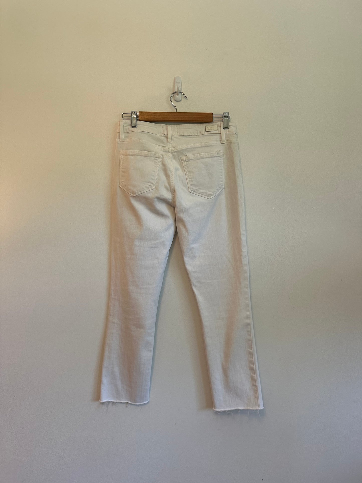 PAIGE Brigitte Slim Boyfriend White Raw Hem Jeans | Size 29