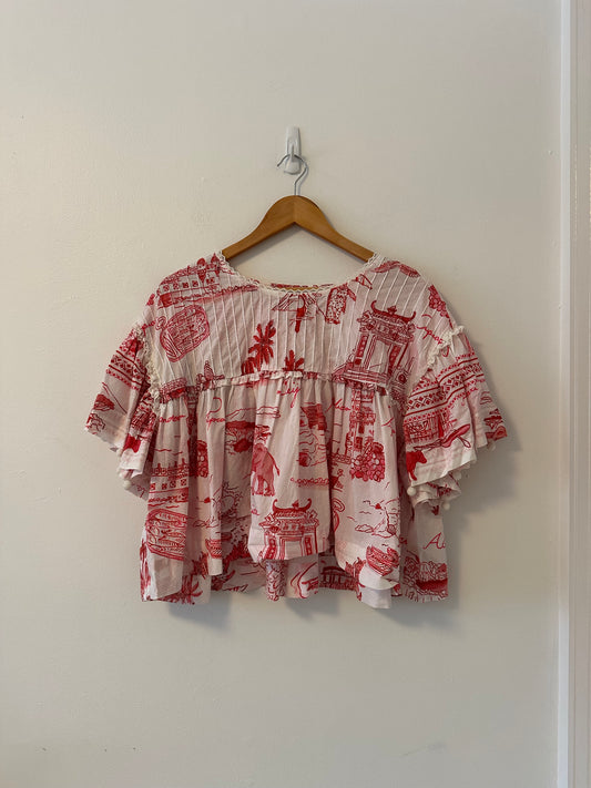 FARM Rio Red Nossa Lingua Cotton Blouse | Size Medium