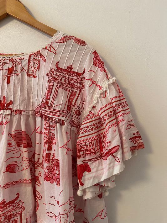 FARM Rio Red Nossa Lingua Cotton Blouse | Size Medium