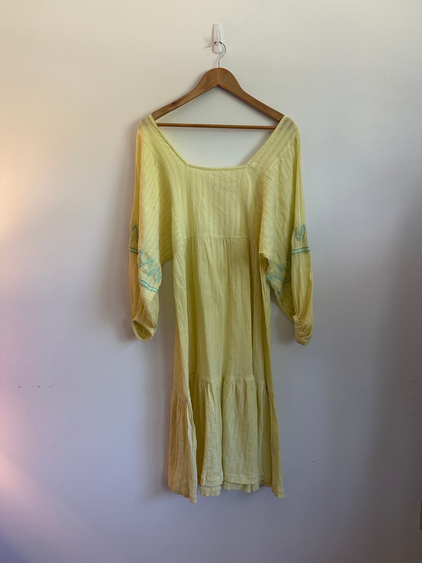 Pitusa Yellow Cotton Gauze Embroidered Tiered Midi Dress | Size Small