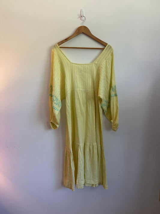 Pitusa Yellow Cotton Gauze Embroidered Tiered Midi Dress | Size Small