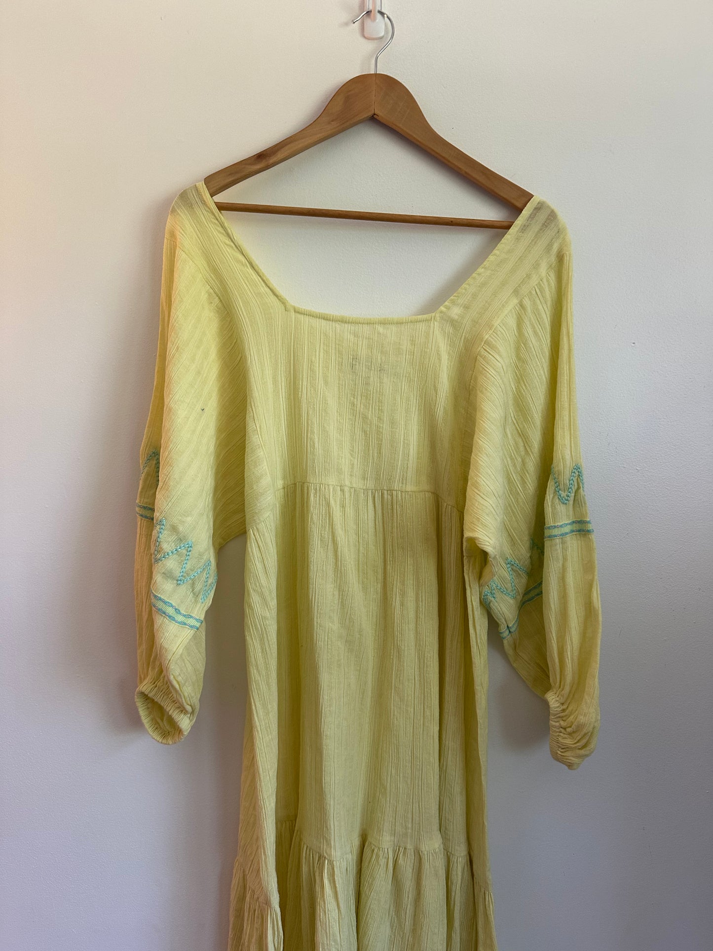 Pitusa Yellow Cotton Gauze Embroidered Tiered Midi Dress | Size Small