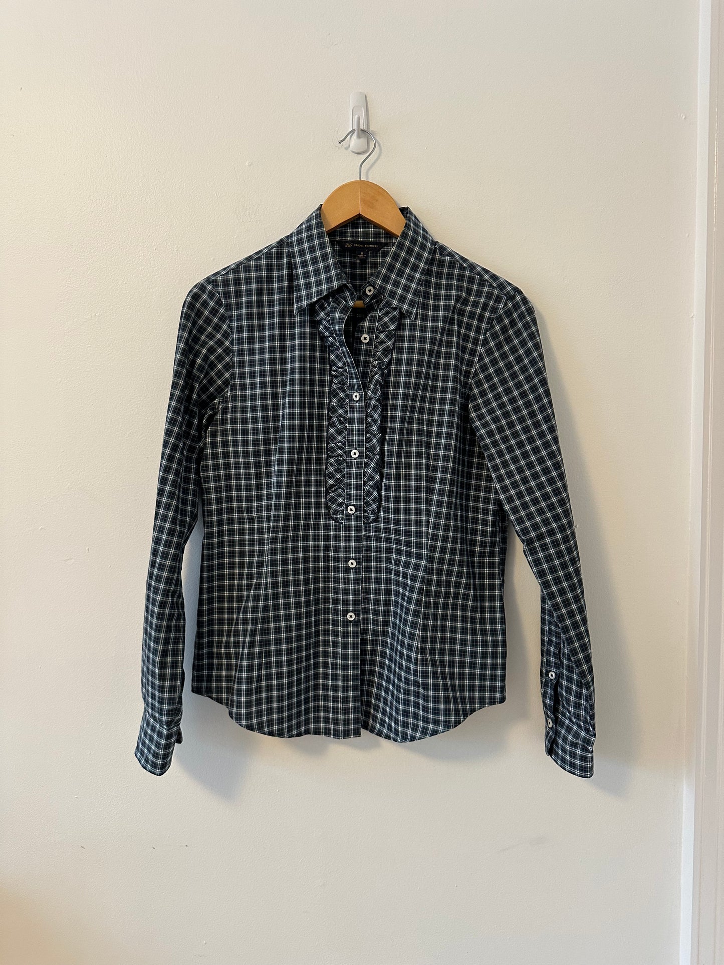 Brooks Brothers Navy Blue Plaid Ruffle Button Down Shirt | Size 8