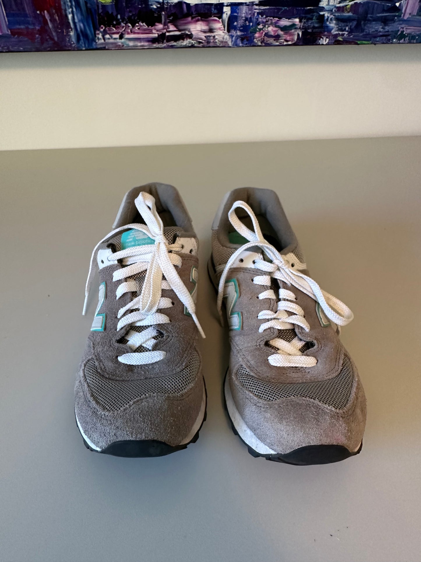New Balance 574 Grey and Teal Suede Mesh Sneakers | Size 7.5