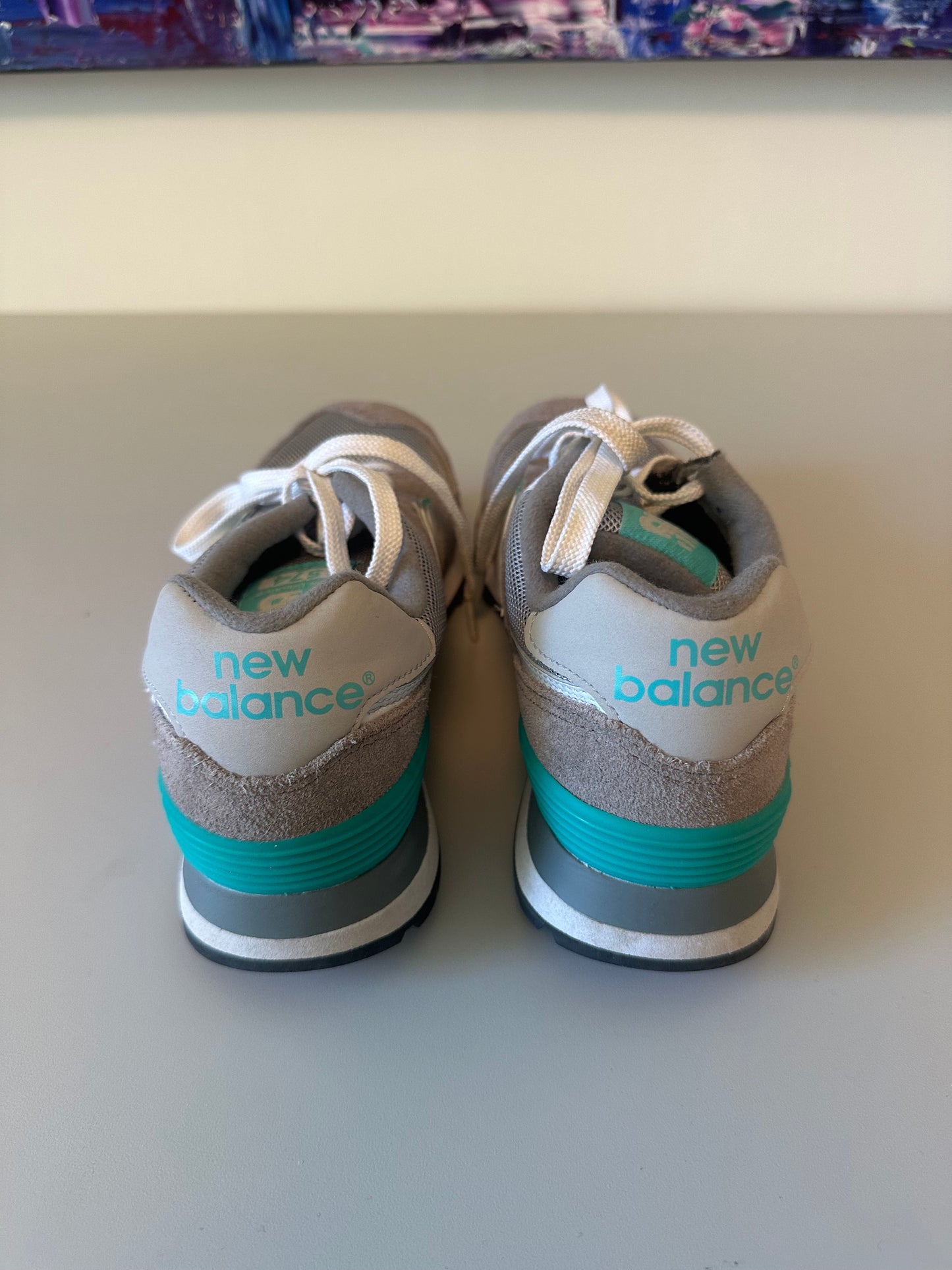 New Balance 574 Grey and Teal Suede Mesh Sneakers | Size 7.5