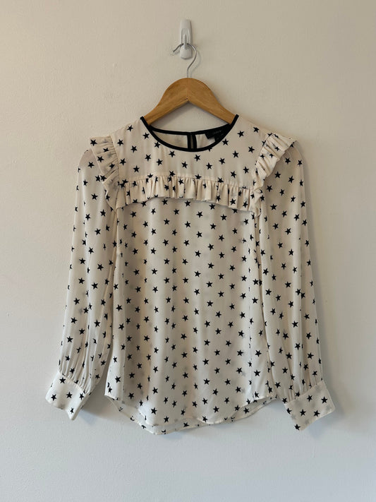 J. Crew Ruffle Silk Star Print Blouse in Vintage Champagne White | Size 00