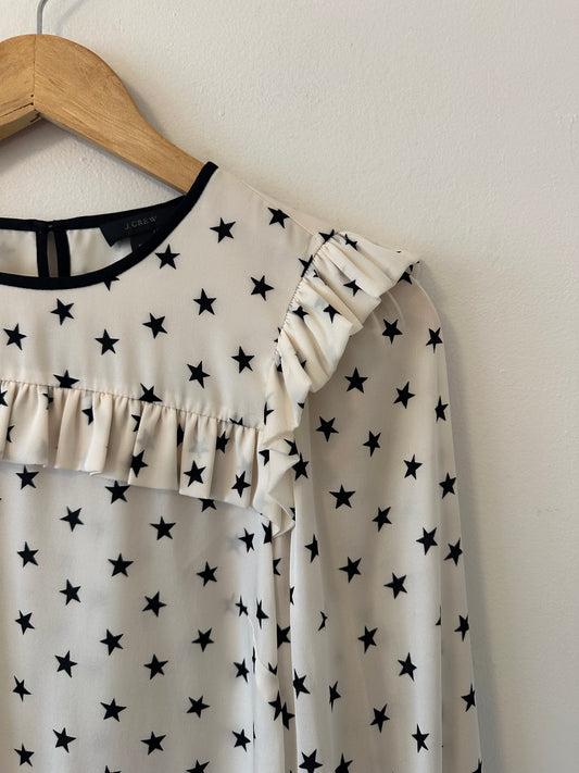 J. Crew Ruffle Silk Star Print Blouse in Vintage Champagne White | Size 00