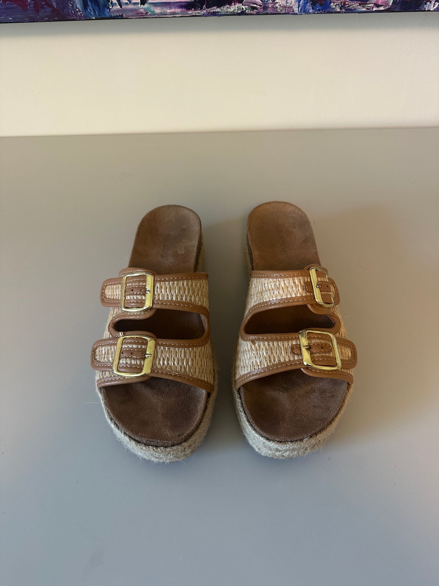Bamboo Tan Woven Espadrille Platform Slide Sandals | Size 8