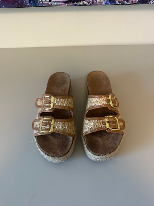 Bamboo Tan Woven Espadrille Platform Slide Sandals | Size 8