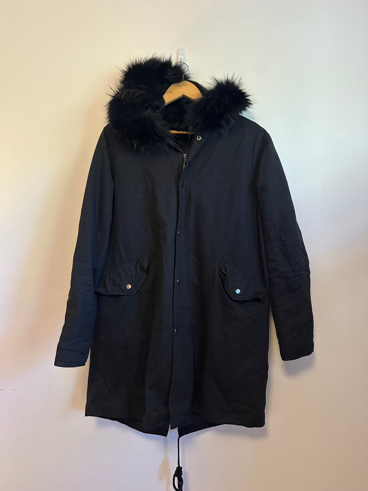 Belle Fare Black Hooded Parka with Real Rabbit and Fox Fur Trim | Large