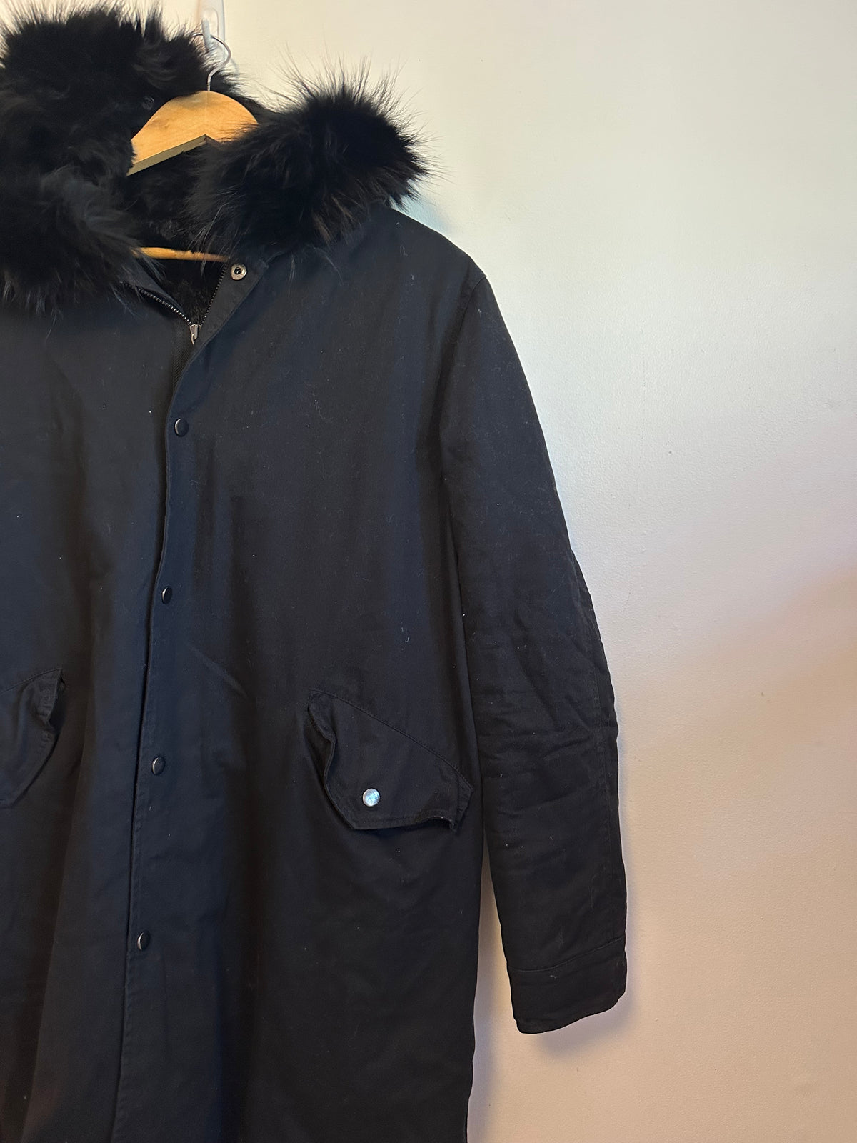 Belle Fare Black Hooded Parka with Real Rabbit and Fox Fur Trim | Large