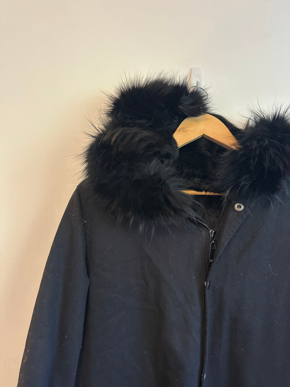 Belle Fare Black Hooded Parka with Real Rabbit and Fox Fur Trim | Large