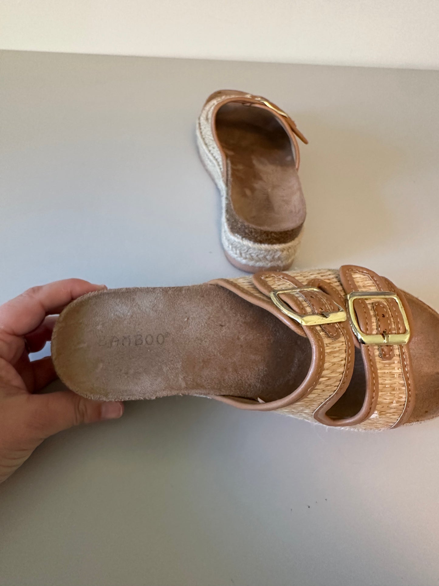 Bamboo Tan Woven Espadrille Platform Slide Sandals | Size 8