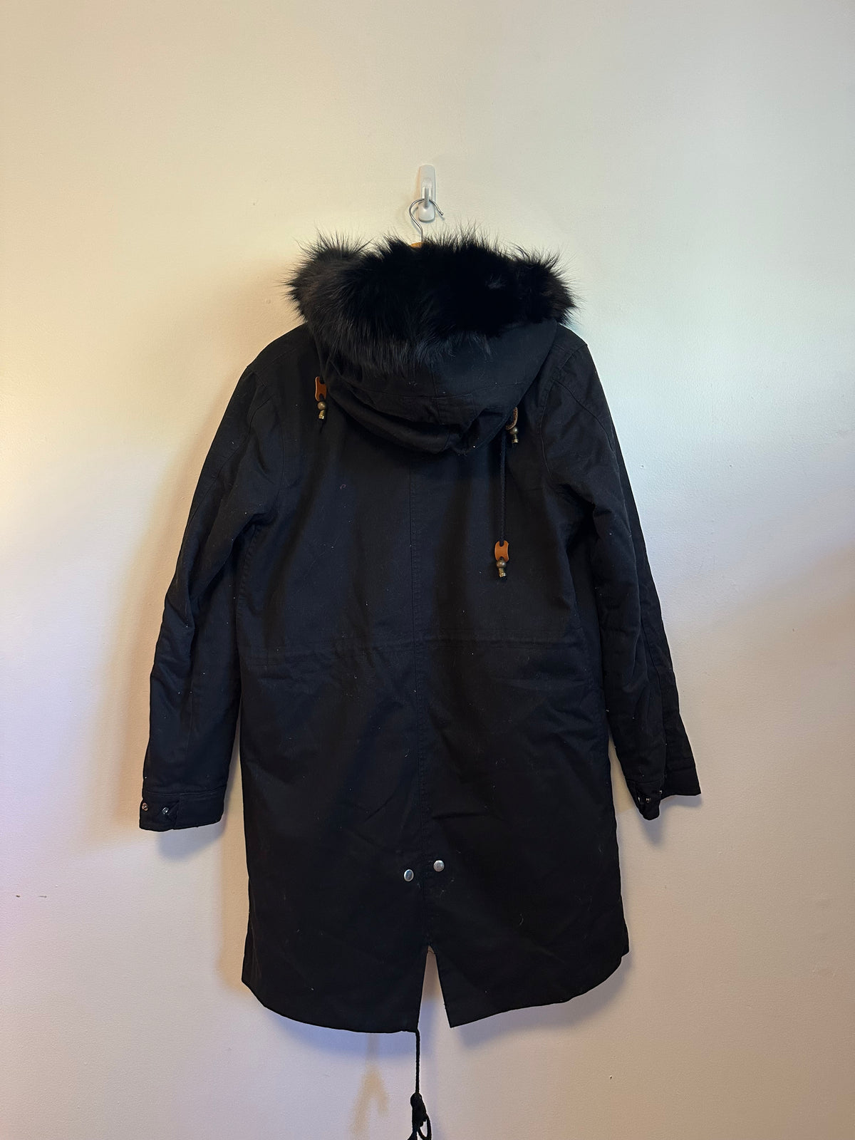 Belle Fare Black Hooded Parka with Real Rabbit and Fox Fur Trim | Large