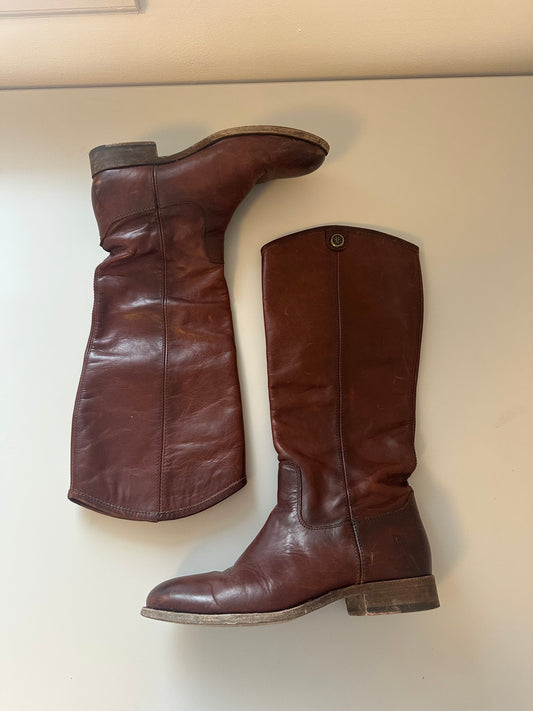 Frye Jayden Button Redwood Brown Leather Knee High Tall Riding Boots | Size 7