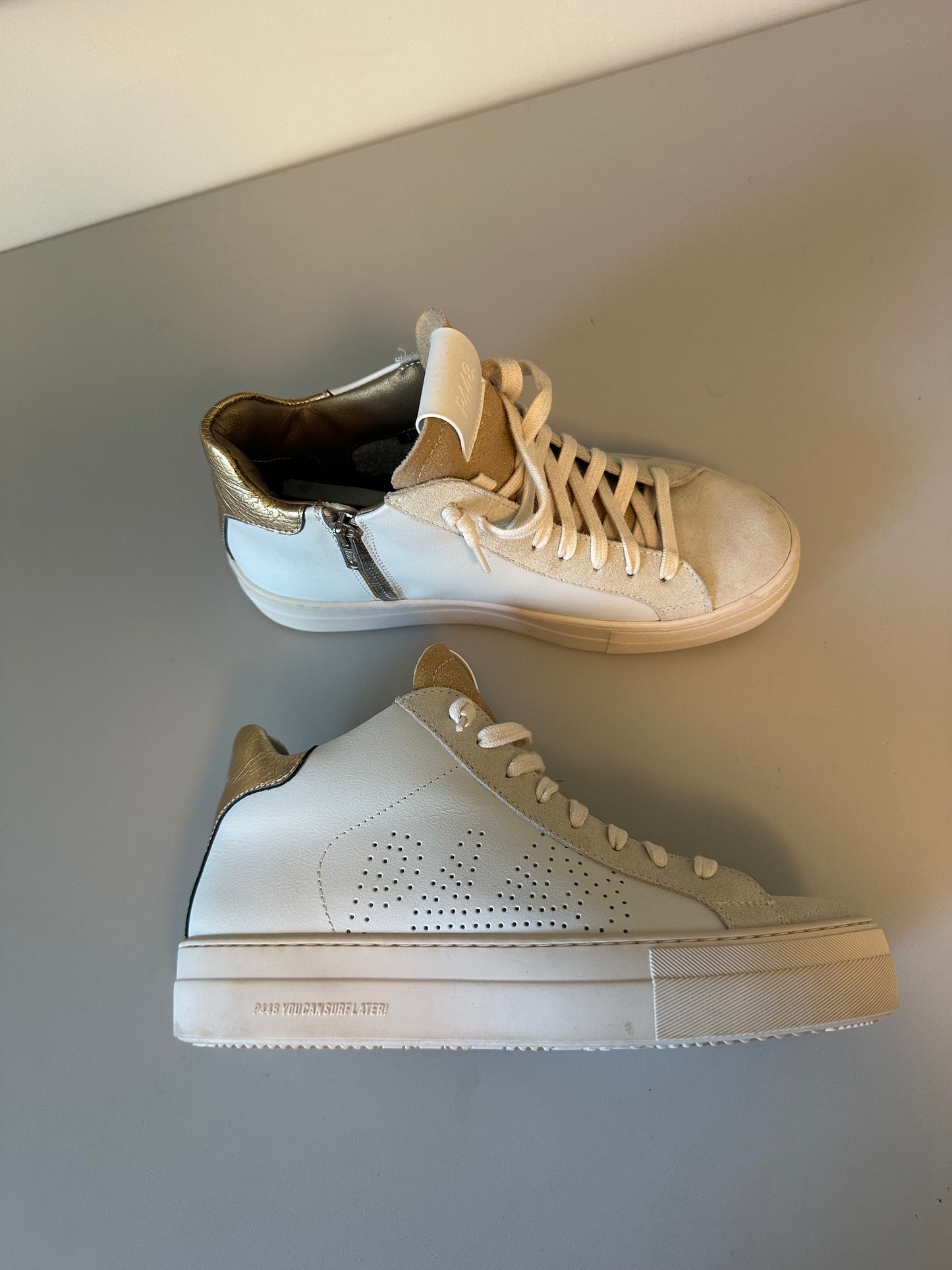 P448 Thea Mid Sneakers in Millenium White Gold Metallic Glitter | Size 38