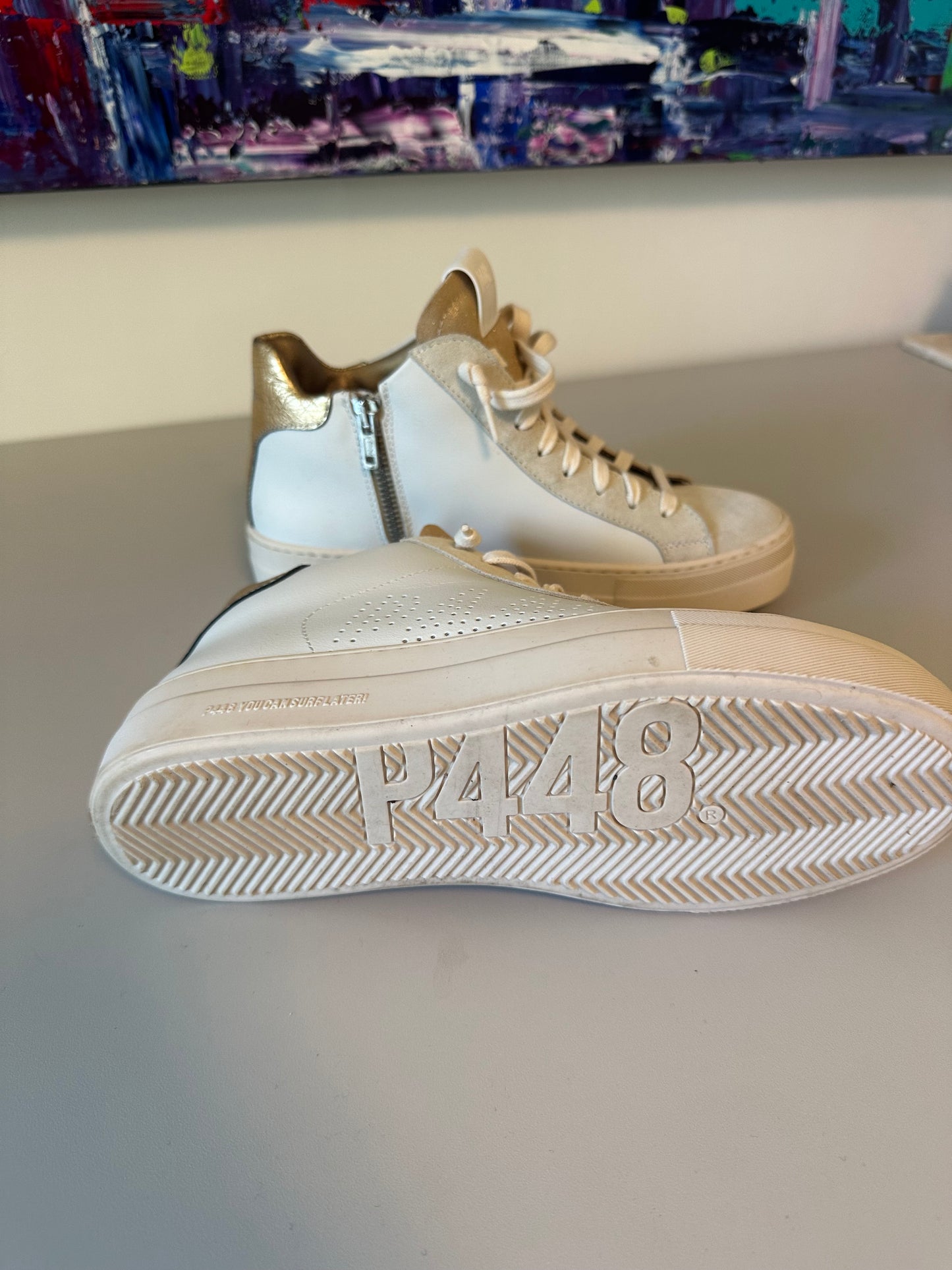 P448 Thea Mid Sneakers in Millenium White Gold Metallic Glitter | Size 38
