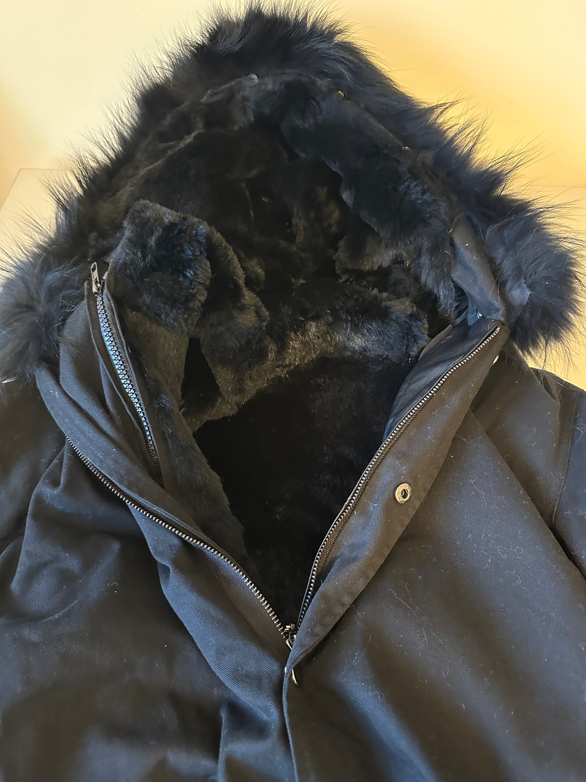Belle Fare Black Hooded Parka with Real Rabbit and Fox Fur Trim | Large