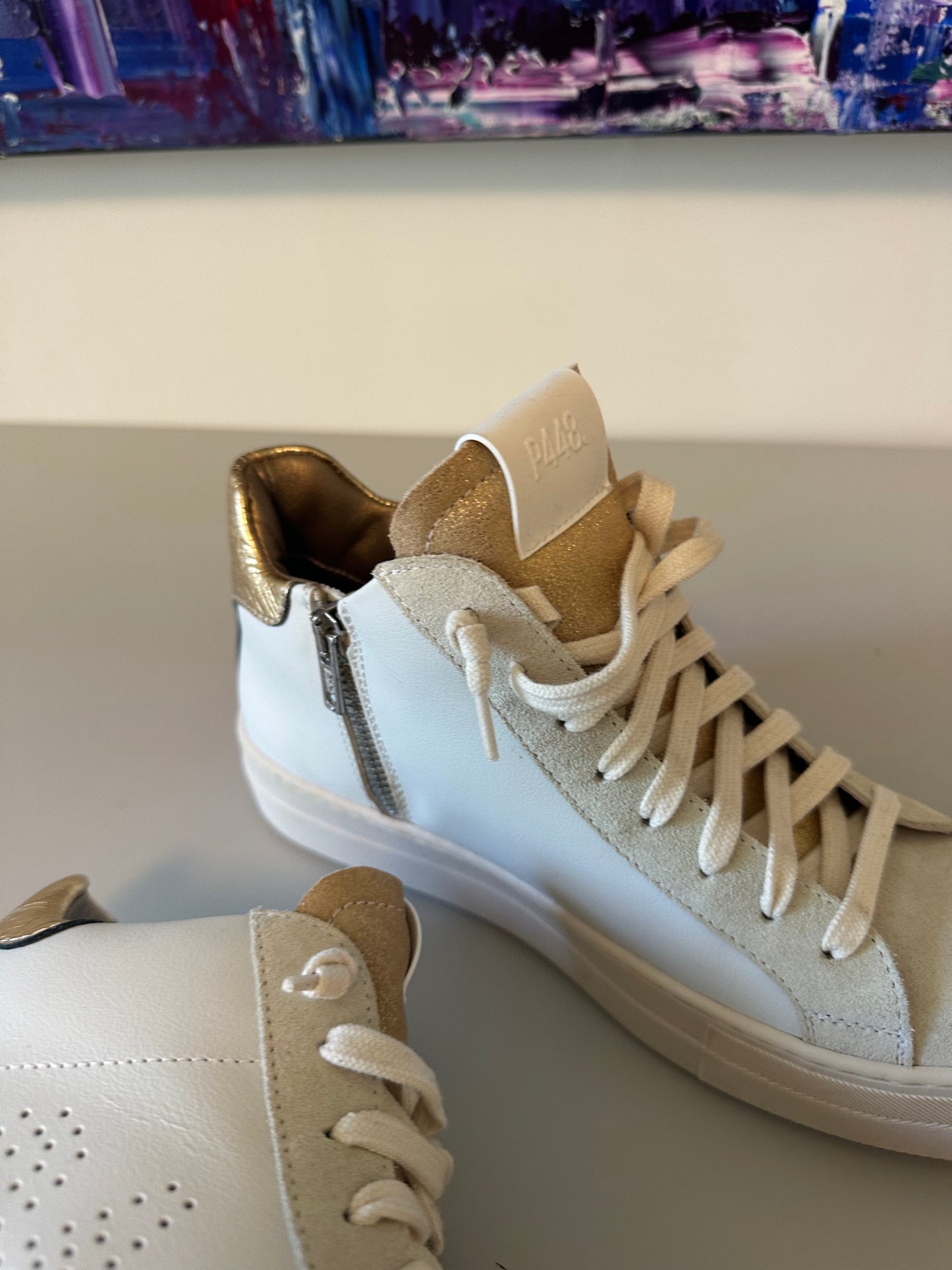P448 Thea Mid Sneakers in Millenium White Gold Metallic Glitter | Size 38