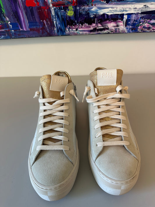 P448 Thea Mid Sneakers in Millenium White Gold Metallic Glitter | Size 38