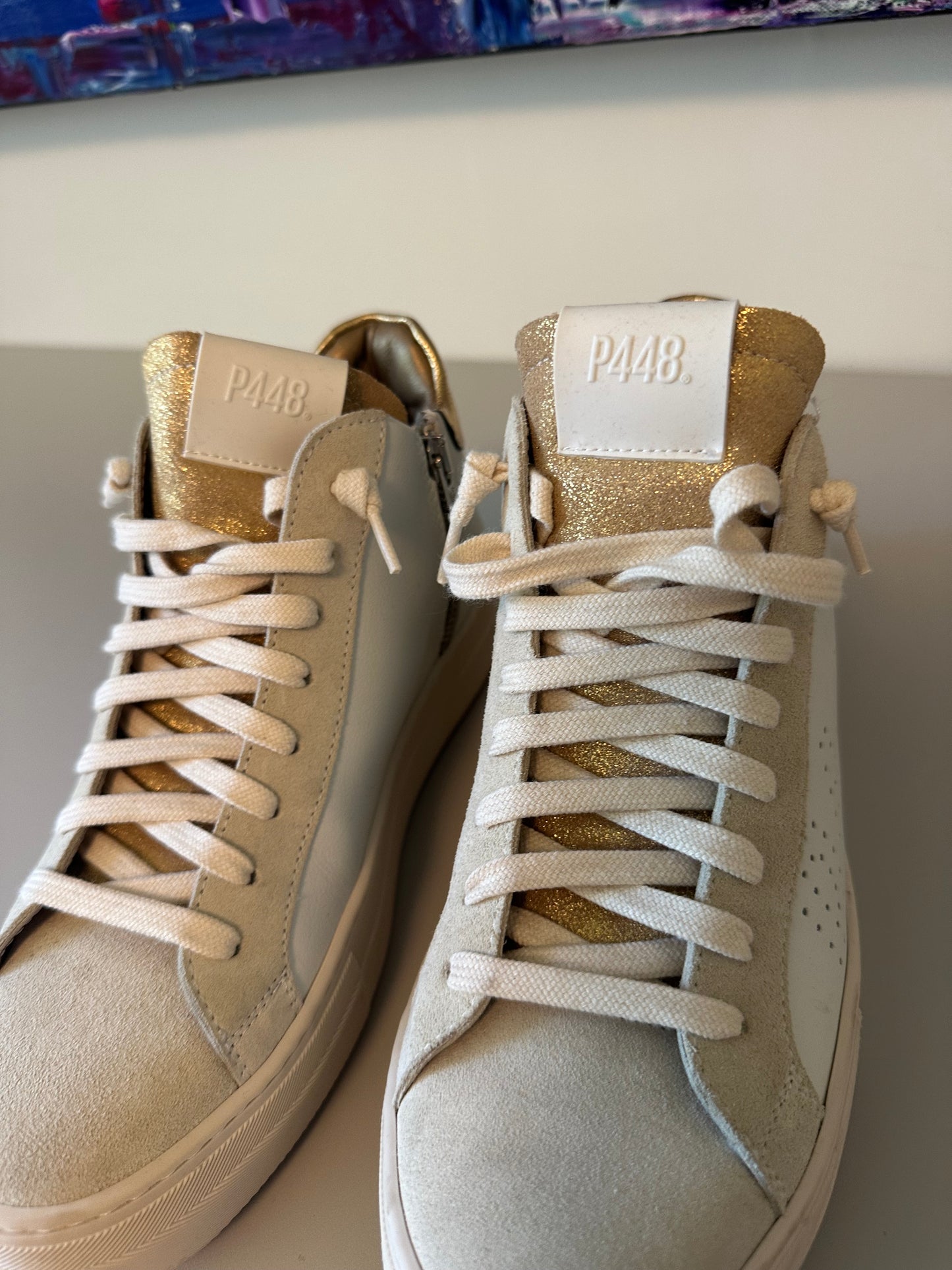 P448 Thea Mid Sneakers in Millenium White Gold Metallic Glitter | Size 38