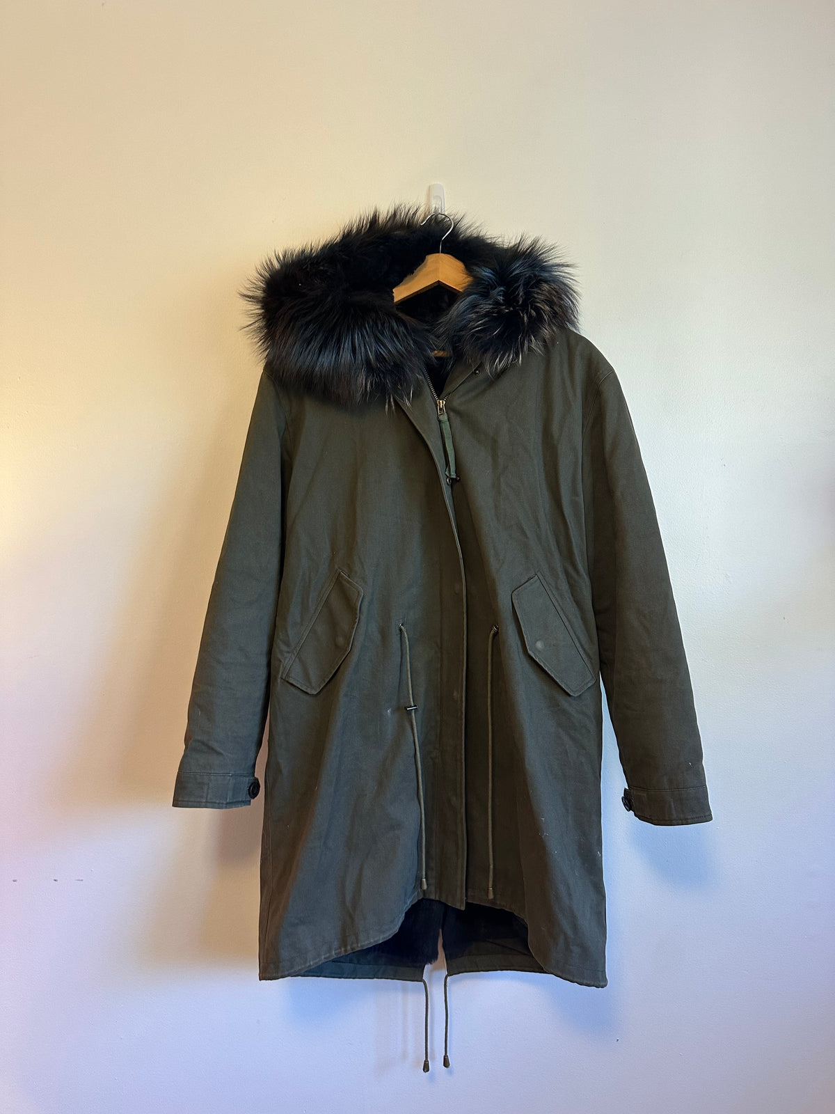 Peri Luxe Olive Green Parka with Rabbit Fur Lining and Fox Fur Hood | Large